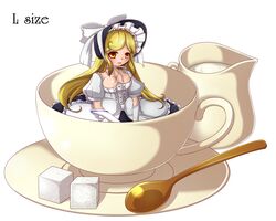  :o adapted_costume aged_up apron bad_anatomy blonde_hair bonnet bow breasts choker cleavage commentary_request cream creamer_(vessel) cup elbow_gloves female gloves hat hat_ribbon highres in_container in_cup invincible_marisa kakiikada kirisame_marisa light_smile long_hair looking_at_viewer medium_breasts mini_person minigirl new_super_marisa_land ribbon ribbon_choker saucer simple_background solo spoon sugar_cube teacup touhou waist_apron white_background yellow_eyes 