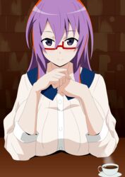  bespectacled breasts commentary_request cup dragon_yukano female glasses hara_(harayutaka) highres huge_breasts long_hair looking_at_viewer ninja_slayer purple_eyes purple_hair short_sleeves smile solo table teacup 