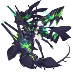  ass bare_shoulders black_thighhighs cannon claws enemy_bismarck_(warship_girls_r) enemy_vessel_(warship_girls_r) female full_body gauntlets glowing green_eyes hair_over_one_eye high_heels horns leaning_back legs_apart looking_at_viewer looking_back ns_(ntrsis) official_art open_mouth outstretched_arm pale_skin reaching rigging see-through single_gauntlet smile solo spikes standing tail thighhighs transparent_background warship_girls_r white_hair 