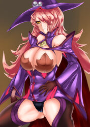  arc_system_works artist_request bare_shoulders black_panties black_sclera blazblue blazblue:_central_fiction breasts cape cleavage detached_sleeves dress female frown gloves hair_over_one_eye huge_breasts konoe_a_mercury long_hair orange_eyes phantom_(blazblue) pink_hair shiny shiny_clothes shiny_hair shiny_skin short_dress solo thighhighs witch_hat 