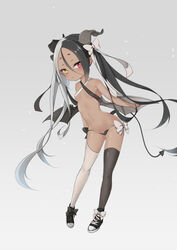  asymmetrical_legwear asymmetrical_wings bare_arms bare_shoulders black_bow black_footwear black_hair black_panties black_wings bow breasts brown_legwear collarbone commentary_request dark-skinned_female dark_skin demon_girl demon_horns demon_tail demon_wings female full_body grey_background grey_hair grey_wings hair_between_eyes hairbow heterochromia horns leaning_forward long_hair mismatched_legwear mismatched_wings multicolored_hair navel original panties parted_bangs red_eyes revealing_clothes shiruko_(27anko) shoes short_eyebrows simple_background small_breasts solo split-color_hair tail thighhighs twintails two-tone_hair underwear very_long_hair white_bow white_legwear wings yellow_eyes 