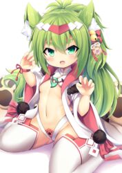  :d animal_ear_fluff animal_ears azur_lane bangs bell blush breasts claw_pose eyebrows_visible_through_hair fangs female fingernails green_eyes green_hair hair_bell hair_between_eyes hair_ornament hands_up highres isokaze_(azur_lane) jingle_bell long_hair long_sleeves looking_at_viewer magatama navel no_shoes open_mouth paw_print ponytail revealing_clothes simple_background sitting small_breasts smile solo stomach tail tatuyayosi thick_eyebrows thighhighs very_long_hair wariza white_background white_legwear wide_sleeves 