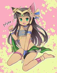  :d animal_ears anklet aqua_eyes armlet bare_shoulders barefoot bastet_(p&amp;d) between_legs black_hair cat_ears cat_tail commentary_request female hairband hand_between_legs jewelry kaki_s long_hair looking_at_viewer navel nyan oerba_yun_fang open_mouth paw_pose photoshop_(medium) puzzle_&amp;_dragons romaji_text sitting skirt smile solo tail tan wariza 