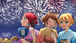  &gt;_&lt; 4girls alternate_hair_length alternate_hairstyle animal_ears animal_hands animal_hood antenna_hair blazblue blonde_hair blue_eyes blush brown_hair buck_teeth cameo cat_hood closed_eyes commentary_request feeding festival fireworks flower food friends gloves green_eyes hair_between_eyes hair_bun hair_flower hair_ornament hair_tubes hand_fan hood ikayaki japanese_clothes kimono makoto_nanaya multicolored_hair multiple_girls naginoya noel_vermillion obi open_mouth paper_fan paw_gloves red_hair sash sharing_food shishigami_bang sideways_mouth single_hair_bun squid squirrel_ears squirrel_girl sweatdrop swept_bangs takoyaki taokaka teeth tsubaki_yayoi two-tone_hair uchiwa 