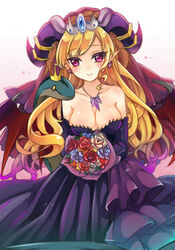  bare_shoulders blonde_hair bouquet breasts cleavage collarbone commentary_request crown deanna_2 demon_girl dress earrings female flower formal gloves heart heart_earrings horns jewelry lilith_(p&amp;d) long_hair medium_breasts mini_crown pendant photoshop_(medium) pointy_ears purple_eyes puzzle_&amp;_dragons smile snake solo strapless strapless_dress wavy_hair wings 