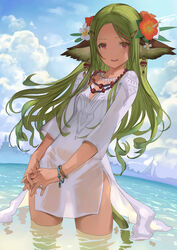  animal_ears breasts cloud commentary_request cowboy_shot dark-skinned_female dark_skin day dress female flower green_hair hair_flower hair_ornament hairclip highres interlocked_fingers jewelry long_hair looking_at_viewer nurumi open_mouth original outdoors red_eyes see-through sky small_breasts smile solo tail wading water wet wet_clothes white_dress 