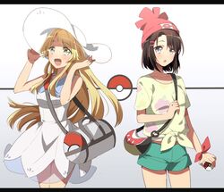  2girls :d :o aqua_shorts bag bang_dream! beanie black_hair blonde_hair commentary_request cosplay cowboy_shot dress duffel_bag floral_print gradient_background grey_eyes hair_ornament harusawa hat holding holding_poke_ball letterboxed lillie_(pokemon) lillie_(pokemon)_(cosplay) long_hair multiple_girls okusawa_misaki open_mouth poke_ball poke_ball_(basic) poke_ball_print pokemon pokemon_sm print_shirt red_hat red_ribbon ribbon selene_(pokemon) selene_(pokemon)_(cosplay) shirt short_hair short_shorts short_sleeves shorts shoulder_bag sidelocks sleeveless sleeveless_dress smile sun_hat tied_shirt tsurumaki_kokoro white_dress white_hat wrist_ribbon yellow_eyes yellow_shirt 