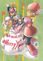  3boys alia_(rockman) android arm_up axl bangs blonde_hair blue_eyes braid brown_hair capcom closed_eyes confetti female food full_body gloves green_background green_eyes hat helmet leg_up long_hair looking_at_viewer looking_back meat merry_christmas multiple_boys namiki0708 open_mouth ribbon rockman rockman_x sack santa_costume santa_dress santa_hat smile standing star text_focus white_gloves x_(rockman) zero_(rockman) 