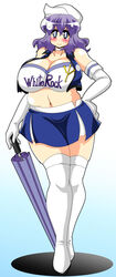  adapted_costume akasode_(tyaramu) bare_shoulders blue_eyes boots breasts cleavage closed_umbrella commentary_request crop_top cropped_jacket curvy elbow_gloves fat female gloves hand_on_own_hip high_heels highres large_breasts letty_whiterock light_purple_hair looking_at_viewer midriff miniskirt muffin_top planted planted_umbrella plump race_queen short_hair skirt smile solo thick_eyebrows thigh_boots thighhighs touhou umbrella wavy_mouth zettai_ryouiki 