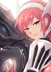  black_gloves cherche_(fire_emblem) commentary_request dragon female fire_emblem fire_emblem_awakening from_side gloves highres long_hair looking_to_the_side maid_headdress minerva_(fire_emblem_awakening) nakabayashi_zun parted_lips red_eyes red_hair simple_background white_background wyvern 