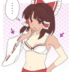  ... adjusting_bra adjusting_clothes arrow_(symbol) ayano_(ayn398) bad_id bad_twitter_id bow bra brown_hair commentary derivative_work detached_sleeves female flat_color hair_tubes hairbow hakurei_reimu harukawa_moe_(style) navel polka_dot polka_dot_background red_bow red_eyes revealing_tanlines solo spoken_ellipsis sweatdrop tan tanlines touhou underwear upper_body white_bra 