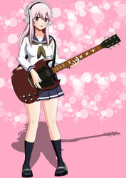  absurdres blush breasts commentary_request electric_guitar female guitar headphones highres instrument knightstar large_breasts long_hair looking_at_viewer nitroplus open_mouth photoshop_(medium) pink_eyes pink_hair plectrum school_uniform serafuku smile solo super_sonico 