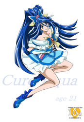  adapted_costume aged_up anniversary arudebido bare_legs bare_shoulders blue_eyes blue_hair blue_wrist_cuffs brooch butterfly_brooch butterfly_hair_ornament character_name commentary_request copyright_name cure_aqua dress female flower frills full_body hair_flower hair_ornament high_ponytail jewelry long_hair magical_girl minazuki_karen pink_flower pink_rose ponytail precure rose shoes skirt smile solo strapless strapless_dress unofficial_precure_costume white_background wide_ponytail wrist_cuffs yes!_precure_5 yes!_precure_5_gogo! 