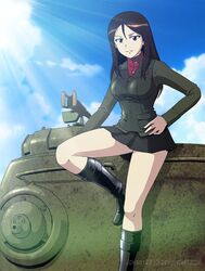  cupola female girls_und_panzer ground_vehicle gun highres is-2 jonboy2312 long_hair machine_gun military military_vehicle motor_vehicle nonna pravda_school_uniform school_uniform tank turret weapon 