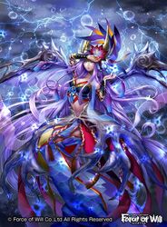  blue_eyes bracelet breasts cleavage commentary_request copyright_name electricity facial_mark female flower force_of_will hair_flower hair_ornament japanese_clothes jewelry long_hair midriff navel official_art purple_hair solo tsutsui_misa wings 