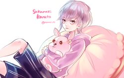  1boy bags_under_eyes bunny character_name diabolik_lovers flower frown hug knee_up komori_yui lolicon looking_at_viewer lying male_focus manmosu pillow purple_eyes purple_hair sakamaki_kanato shorts simple_background solo stuffed_animal tongue tongue_out twitter_username white_background younger 