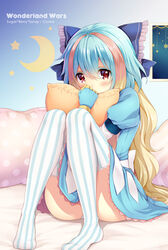  blonde_hair blue_dress blue_gloves blue_hair blush brown_hair commentary_request copyright_name covered_mouth crescent dress female gloves hair_between_eyes hugging_object kuroe_(sugarberry) little_alice_(wonderland_wars) long_hair looking_at_viewer multicolored_hair no_shoes panties photoshop_(medium) pillow pillow_hug puffy_short_sleeves puffy_sleeves red_eyes short_sleeves sitting solo striped_clothes striped_thighhighs sunshine_creation thighhighs two-tone_hair underwear vertical-striped_clothes vertical-striped_thighhighs white_panties white_thighhighs wonderland_wars 