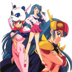  1990s_(style) armor blue_eyes bodysuit cape center_opening crossed_arms female genji_tsuushin_agedama hand_on_own_hip hat kuki_rei long_hair long_sleeves looking_at_viewer multiple_views navel neckerchief official_art open_mouth pauldrons photoshop_(medium) profile retro_artstyle school_uniform serafuku shoulder_armor simple_background skirt smile tsuji_hatsuki white_background 