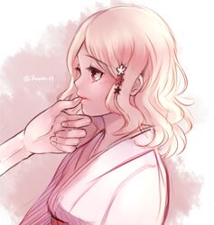  blonde_hair blush diabolik_lovers female finger_to_mouth flower hair_ornament hairpin japanese_clothes komori_yui lips manmosu out_of_frame petite pink pink_background pink_eyes simple_background solo_focus traditional_clothes twitter_username upper_body white_background yukata 