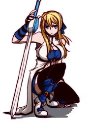  black_thighhighs blonde_hair blue_eyes breasts cleavage cleavage_cutout clothing_cutout commentary_request female fingerless_gloves genderswap_(mtf) gloves guilty_gear hair_ribbon highres ky_kiske kyko large_breasts long_hair navel ponytail ribbon rule_63 ryuuri_(aoithigo) solo squatting sword thighhighs thunderseal weapon 