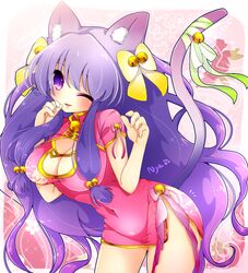  animal_ears bell breasts cat_ears cat_tail chinese_clothes cleavage curvy dress female female fulunukko hair_ornament hair_ribbon large_breasts leaning_forward long_hair navel purple_eyes purple_hair ranma_1/2 ribbon shampoo_(ranma_1/2) solo standing tail wink 