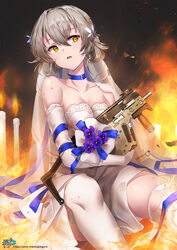  alternate_costume bare_shoulders blush breasts bridal_veil candle choker cleavage closed_mouth collarbone commentary dress earrings elbow_gloves female fire girls&#039;_frontline gloves grey_hair gun hair_ornament hand_up head_tilt highres holding holding_gun holding_weapon jewelry kriss_vector kyjsogom looking_at_viewer medium_breasts official_alternate_costume open_mouth photoshop_(medium) short_hair sidelocks signature sitting solo sparkle strapless strapless_dress submachine_gun thighhighs torn_clothes vector_(ardent_devotion)_(girls&#039;_frontline) vector_(girls&#039;_frontline) veil weapon wedding_dress white_dress white_gloves white_thighhighs yellow_eyes 