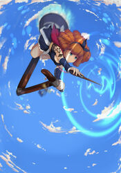  10s arm_tattoo big_hair blue_eyes breasts capelet cleavage cloud dress drill_hair earings eyebrows_visble_through_hair female female flying kick_scooter magic melie orange_hair radiant red_capelet sky solo tatawan tattoo wand witch 