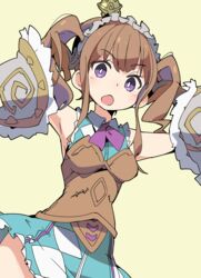  armpits bad_id bad_pixiv_id breasts bright_pupils brown_hair commentary dress female ixy last_period lisa_(last_period) looking_at_viewer open_mouth purple_eyes sleeveless solo twintails white_pupils 