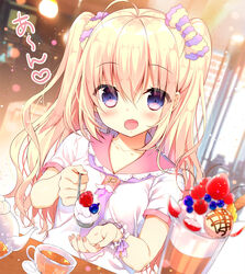  ahoge amanatsu_purin_(yadapot) bad_id bad_pixiv_id blonde_hair blouse blush bow cafe cherry collarbone commentary_request cup feeding female food fruit hair_between_eyes hair_ornament hair_scrunchie hairbow heart holding holding_spoon ice_cream incoming_food long_hair looking_at_viewer open_mouth original parfait purple_eyes sailor_collar saucer scrunchie shirt short_sleeves smile solo speech_bubble spoon sundae teacup teapot twintails upper_body wafer_stick white_shirt yadapot 