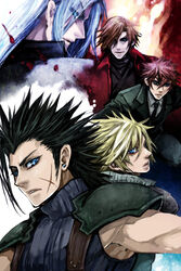  5boys black_hair blonde_hair blood blue_eyes brown_hair cloud_strife final_fantasy final_fantasy_vii genesis_rhapsodos long_hair male male_focus multiple_boys purple_hair scar sephiroth white_hair zack_fair zuwai_kani 