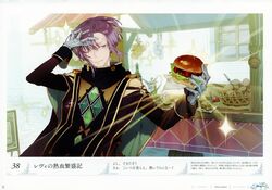  1boy absurdres atelier_(series) atelier_firis bishounen blush burger capelet food game_cg gloves highres male_focus noco_(adamas) official_art one_eye_closed purple_hair revy_berger scan solo sparkle sweat 