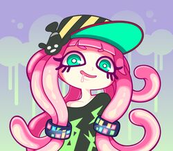  aqua_eyes bad_id bad_pixiv_id bare_shoulders baseball_cap blunt_bangs bright_pupils clownfish collarbone commentary eyelashes female fish gradient_background hair_ornament harmony&#039;s_clownfish_(splatoon) harmony_(splatoon) hat long_hair looking_at_viewer off_shoulder open_mouth pink_hair purple_background saliva sanpaku shirt smile solo splatoon_(series) splatoon_1 striped_clothes striped_headwear tentacle_hair tropical_fish upper_body yuta_agc 