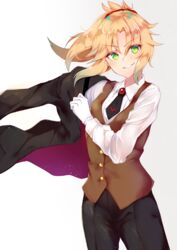  arm_out_of_sleeve ashino black_jacket black_necktie black_pants blazer blonde_hair blush commentary_request dressing eyes_visible_through_hair fate/grand_order fate_(series) female gloves green_eyes grin highres holding holding_clothes holding_jacket jacket long_hair long_sleeves looking_at_viewer mordred_(fate) mordred_(fate/apocrypha) mordred_(formal_dress)_(fate) necktie pants parted_bangs short_necktie simple_background smile solo standing v-shaped_eyebrows waistcoat white_background white_gloves wing_collar 