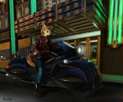  1920s anthro armor biped building city clothed clothing deco detailed_background domestic_cat eyewear felid feline felis fur green_eyes hair headgear helmet jacket looking_at_viewer male mammal motorcycle outside sitting smile solo stripes sunglasses swish tabby_cat topwear vehicle 