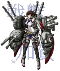  breasts brown_eyes brown_hair cannon commentary_request cosplay detached_sleeves female gojarun hair_ornament headgear kaga_(battleship) kaga_(battleship)_(kancolle) kaga_(kancolle) kantai_collection large_breasts long_hair looking_at_viewer side_ponytail skirt solo thighhighs tosa_(kancolle) 