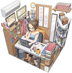  air_conditioner basket bookshelf brown_eyes brown_hair chair clock clothes_hanger commentary computer computer_mouse controller cup feline female food glasses green-framed_eyewear hair_ornament hairclip indoors itou_(mogura) jacket laptop mirror mousepad_(object) mug original pocky remote_control room shelf simple_background solo strap_slip striped_tank_top table tank_top television trash_can vaio white_background 