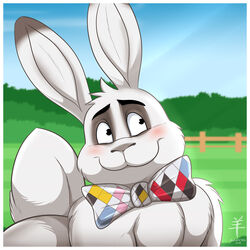  1:1 2018 aaron_(artist) blush border bow_(feature) bow_tie dipstick_ears ear_markings fence fur head_tuft hi_res lagomorph leporid looking_aside male mammal marlon_bundo multicolored_ears outside rabbit smile solo tuft white_body white_border white_fur 