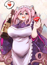  2019 alcohol anthro asian_clothing beverage big_breasts blue_eyes blush breasts clothed clothing cyberconnect2 digital_media_(artwork) domestic_cat drecom east_asian_clothing failinis_(full_bokko_heroes) felid feline felis female full_bokko_heroes fur hair heart_symbol huge_breasts japanese_clothing japanese_text kemono kimono long_hair looking_at_viewer mammal open_mouth overweight overweight_anthro overweight_female pink_body pink_fur pink_hair setouchi_kurage smile solo standing teeth text 