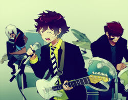  band drum gradient gradient_background guitar instrument kekkai_sensen klaus_von_reinhertz leonardo_watch microphone multiple_boys zap_renfro 