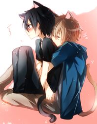  2boys animal_ears black_eyes black_hair black_pants black_shirt blonde_hair blush brown_pants casual cat_ears cat_tail closed_eyes commentary_request eugeo extra_ears from_side heart hug hug_from_behind jianmo_sl kirito knees_up male_focus multiple_boys pants shirt simple_background sitting sitting_on_lap sitting_on_person sword_art_online sword_art_online:_alicization tail 