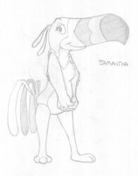  absurd_res anthro avian beak biped bird english_text featureless_crotch female froot_loops graphite_(artwork) hi_res kellogg&#039;s mascot mizzyam monochrome pencil_(artwork) rule_63 solo standing text toucan toucan_sam traditional_media_(artwork) winged_arms wings 