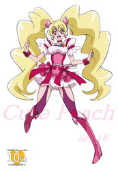  :d aged_up anniversary arudebido blonde_hair boots bow character_name choker commentary_request copyright_name cure_peach earrings female fresh_precure! full_body hair_ornament heart heart_hair_ornament jewelry knee_boots long_hair magical_girl momozono_love open_mouth pink_bow pink_choker pink_eyes pink_footwear pink_skirt pink_wrist_cuffs precure purple_thighhighs ribbon skirt smile solo thigh_strap thighhighs thighhighs_under_boots twintails unofficial_precure_costume white_background wrist_cuffs 