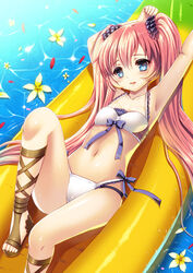  artistic_error banana_boat blue_eyes commentary_request female kumao_mofumofu long_hair lying md5_mismatch original photoshop_(medium) red_hair resolution_mismatch shoes solo source_larger toeless_footwear twintails 