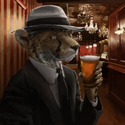  1920s 1:1 alcohol anthro beer beverage cheetah clothing felid feline hat headgear headwear hi_res holding_glass holding_object male mammal smile solo speakeasy suit swish 