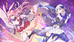  2girls 5plus animal_ears blue_eyes blue_gloves blue_legwear boots braid breasts commentary_request detached_sleeves dress fox_ears gloves gun hair_ornament hair_ribbon highres holding holding_gun holding_sword holding_weapon honkai_(series) honkai_impact_3rd japanese_clothes kallen_kaslana kallen_kaslana_(sixth_serenade) katana kimono large_breasts long_hair looking_at_viewer multiple_girls nontraditional_miko obi photoshop_(medium) pink_hair pink_skirt pleated_skirt purple_eyes ribbon ribbon-trimmed_legwear ribbon_trim sash short_kimono single_braid skindentation skirt smile sword thighhighs thighs tied_hair weapon white_dress white_hair white_kimono white_legwear wide_sleeves yae_sakura yae_sakura_(gyakushinn_miko) zettai_ryouiki 