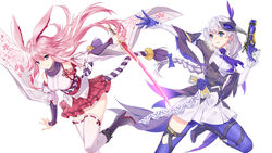  2girls 5plus animal_ears blue_eyes blue_gloves blue_legwear boots braid breasts commentary_request detached_sleeves dress fox_ears gloves gun hair_ornament hair_ribbon highres holding holding_gun holding_sword holding_weapon honkai_(series) honkai_impact_3rd japanese_clothes kallen_kaslana kallen_kaslana_(sixth_serenade) katana kimono large_breasts long_hair looking_at_viewer multiple_girls nontraditional_miko obi photoshop_(medium) pink_hair pink_skirt pleated_skirt purple_eyes ribbon ribbon-trimmed_legwear ribbon_trim sash short_kimono simple_background single_braid skindentation skirt smile sword thighhighs thighs tied_hair weapon white_background white_dress white_hair white_kimono white_legwear wide_sleeves yae_sakura yae_sakura_(gyakushinn_miko) zettai_ryouiki 