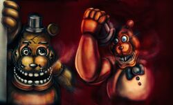  2018 animatronic bear bow_(feature) bow_tie clothing confnabon five_nights_at_freddy&#039;s five_nights_at_freddy&#039;s_2 hat headgear headwear machine mammal robot scottgames simple_background top_hat toy_freddy_(fnaf) withered_freddy_(fnaf) 