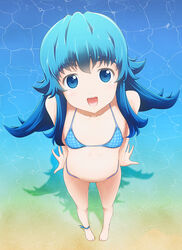  beach bikini blue_bikini blue_eyes blue_hair commentary_request eyebrows female from_above full_body happinesscharge_precure! long_hair looking_at_viewer looking_up open_mouth outdoors precure shadow shirayuki_hime slowpit solo standing swimsuit water 