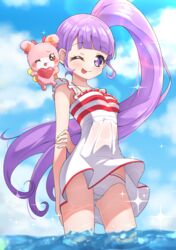  5553pp ;p arm_behind_back bad_id bad_pixiv_id blunt_bangs blush clothes_lift day dress dress_lift female frilled_dress frills highres long_hair looking_at_viewer manaka_non ocean one_eye_closed outdoors panties pretty_series pripara purple_eyes purple_hair side_ponytail sky smile solo stuffed_animal stuffed_toy sundress teddy_bear tongue tongue_out underwear usacha very_long_hair wading water wet wet_clothes wet_dress white_dress white_panties wind wind_lift 