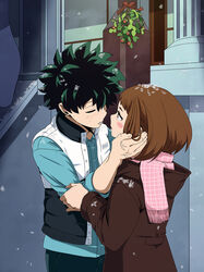  1boy artist_name blue_shirt blush_stickers boku_no_hero_academia brown_coat brown_eyes brown_hair closed_eyes coat commentary_request couple female freckles green_hair hand_on_another&#039;s_face highres imminent_kiss krumbs_(dailykrumbs) looking_at_another messy_hair midoriya_izuku mistletoe official_style photoshop_(medium) scar scarf shirt short_hair signature snow straight upper_body uraraka_ochako vest white_vest winter_clothes winter_coat 